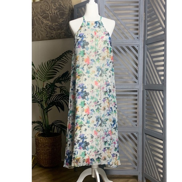 LIKELY Midi Dress 8 Chiffon Sheath Pleated Halter Floral Flowy Party Coquette - Picture 9 of 12